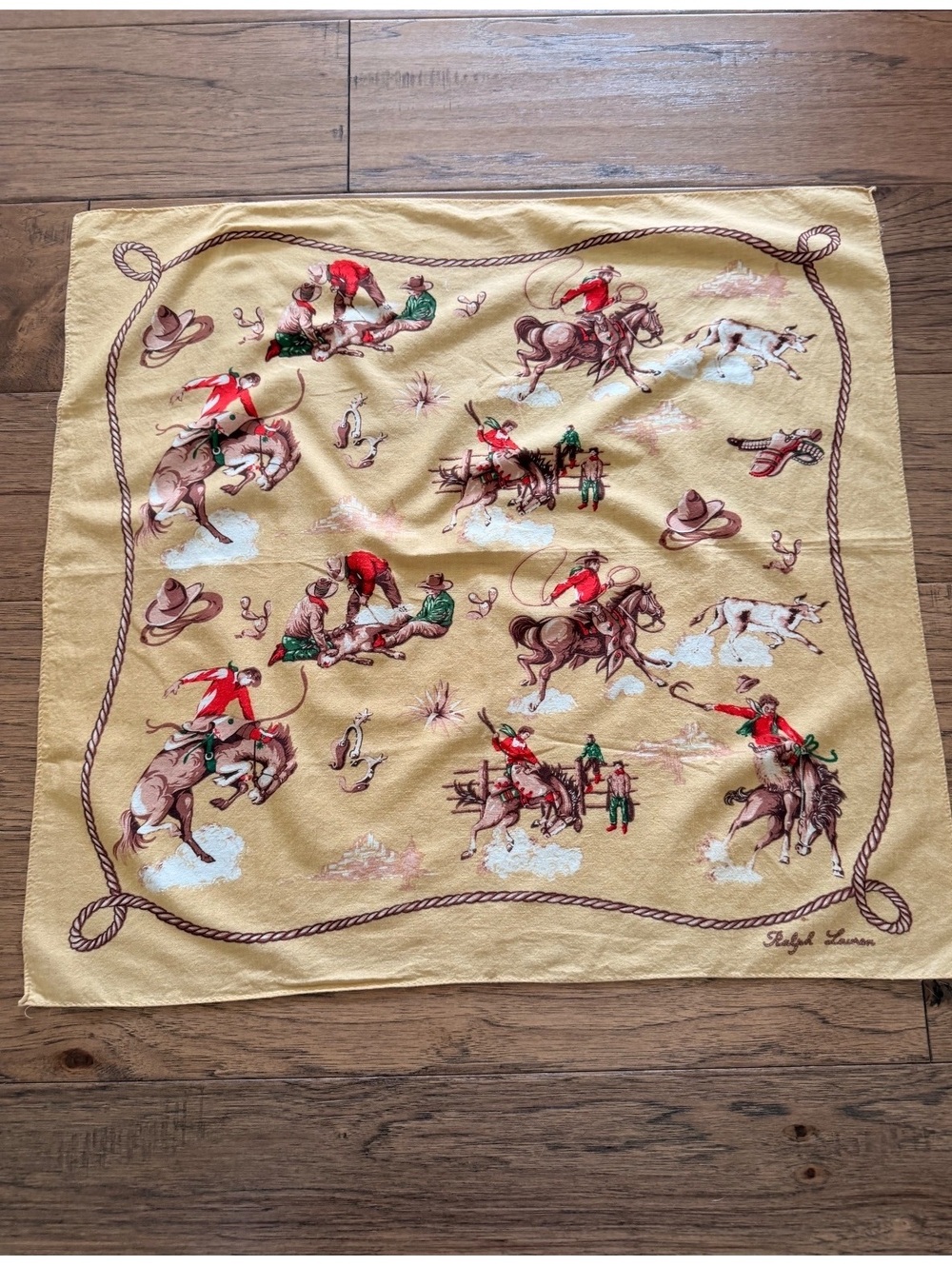 Vintage Ralph Lauren Yellow Cowboy Print Western Square Scarf 26"